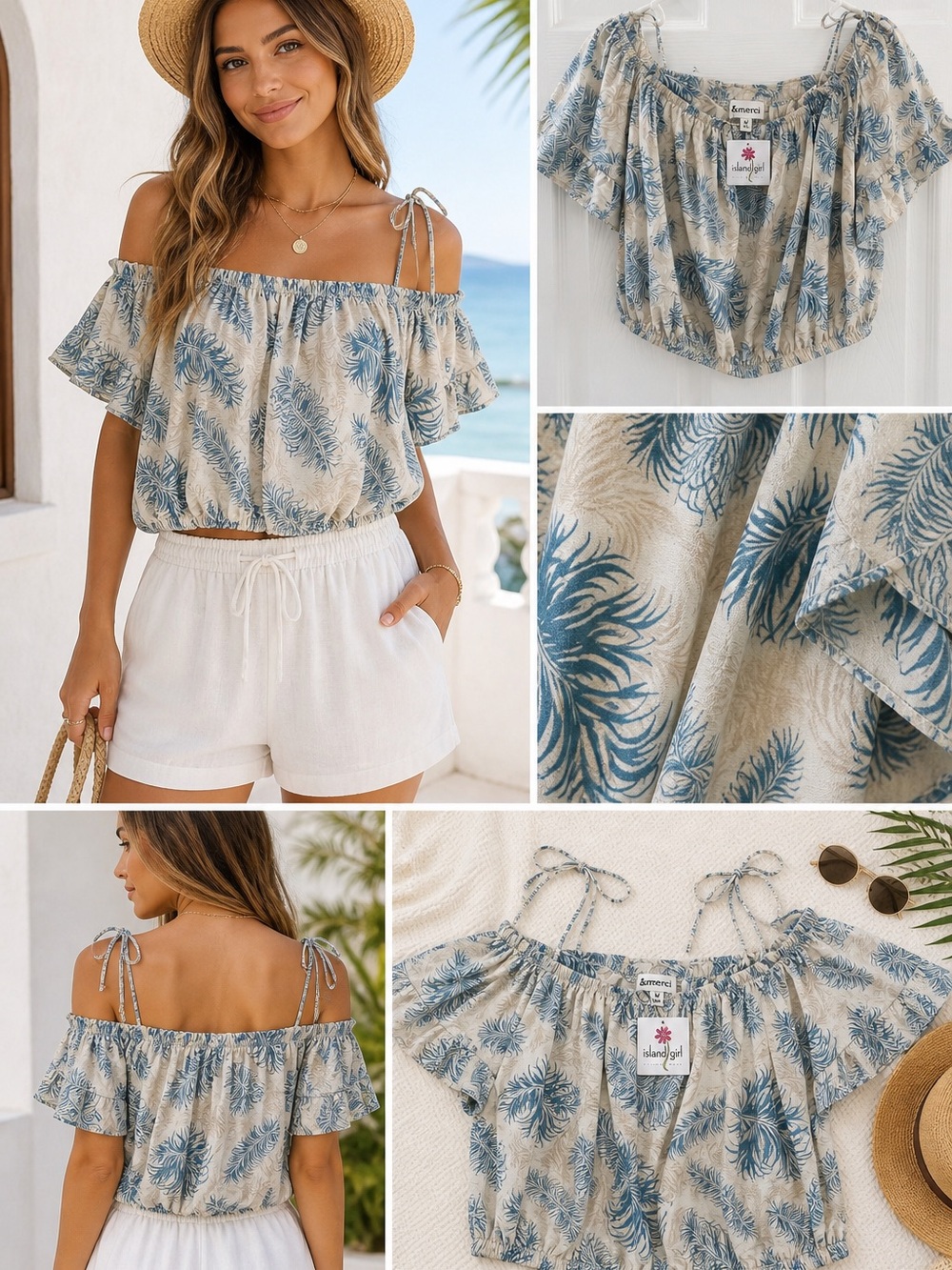 &Merci Off Shoulder Tropical Cami Top NWT Blue Palm Print Size M